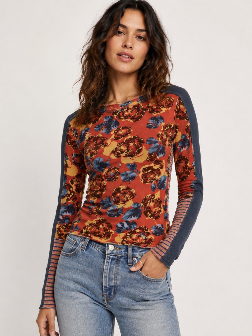 Free People We The Free Mash Up Floral Long Sleeve Top Red Combo, Size Small